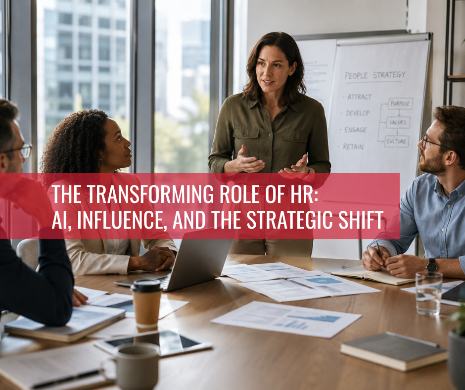 HR leaders collaborating in a modern office meeting room, symbolising the strategic transformation of HR through AI, leadership, and workforce planning.