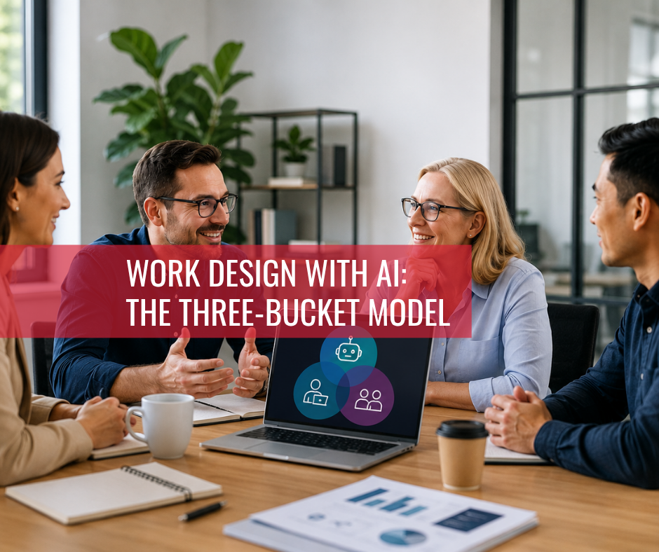 Work design with AI framework showing collaboration between HR professionals and artificial intelligence tools to optimise departmental workflows.