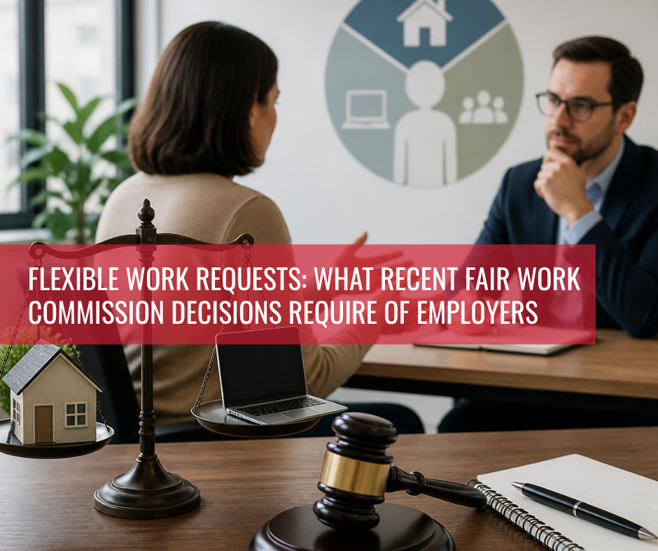Manager discussing a flexible work request with an employee across a desk, with legal symbols including scales of justice, a gavel, and hybrid work icons representing Australian workplace flexibility and Fair Work compliance.