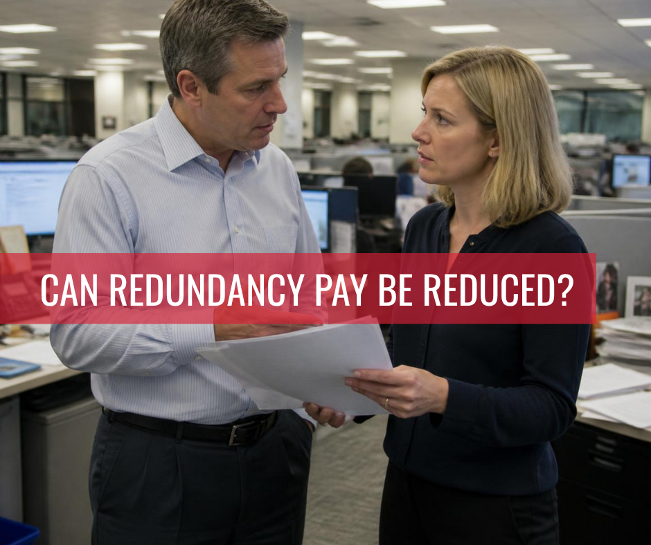 Two colleagues discussing redundancy documents in an office, representing redundancy pay and alternative employment considerations.