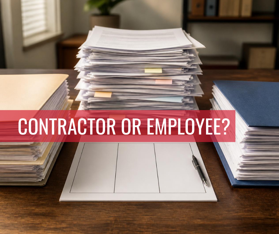 Featured image showing stacks of employment documents and contracts on a desk, representing the complexities of determining whether a worker is a contractor or employee under Australian workplace laws.