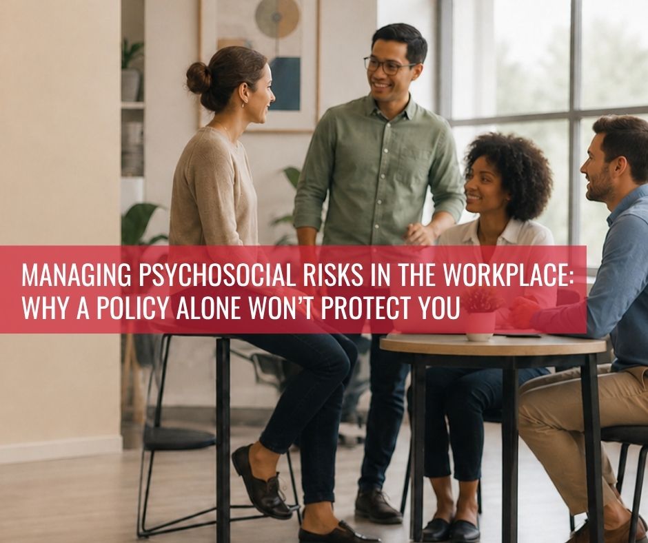 Featured image showing a workplace team collaborating, representing psychosocial risk management, psychological safety, and WHS compliance in Australian workplaces.