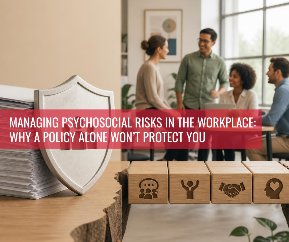 Featured image showing a workplace team collaborating, a protective shield, and wellbeing icons representing psychosocial risk management, psychological safety, and WHS compliance in Australian workplaces.
