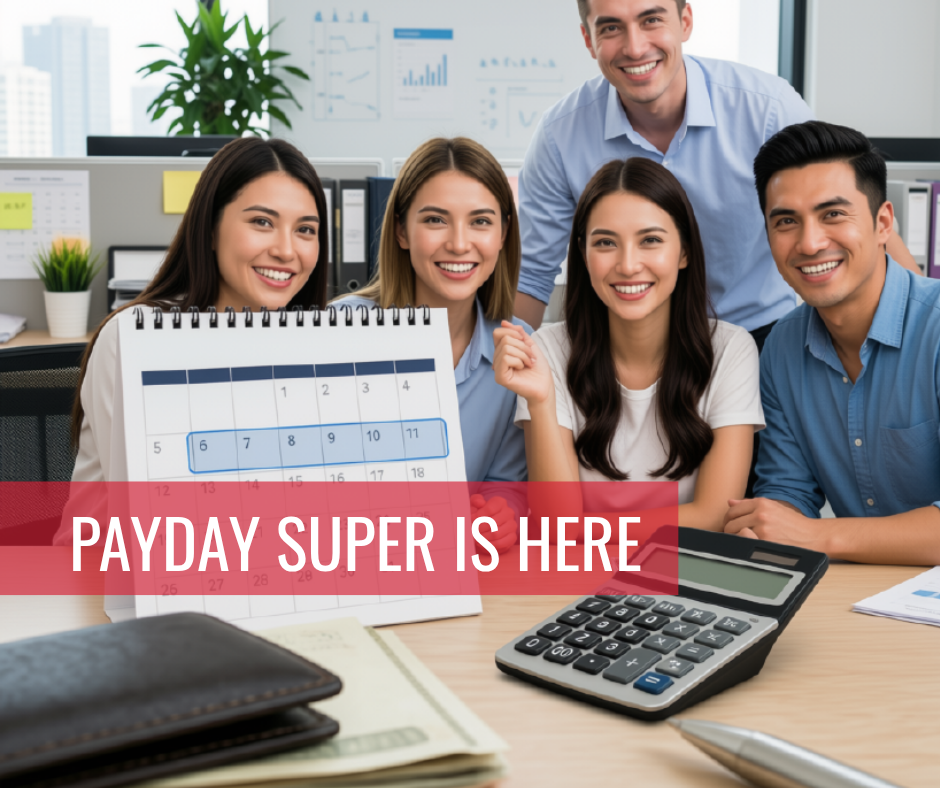 Featured image showing a calendar highlighting a seven-day period alongside a calculator and money, representing Payday Super, pay-cycle superannuation payments and employer payroll obligations.