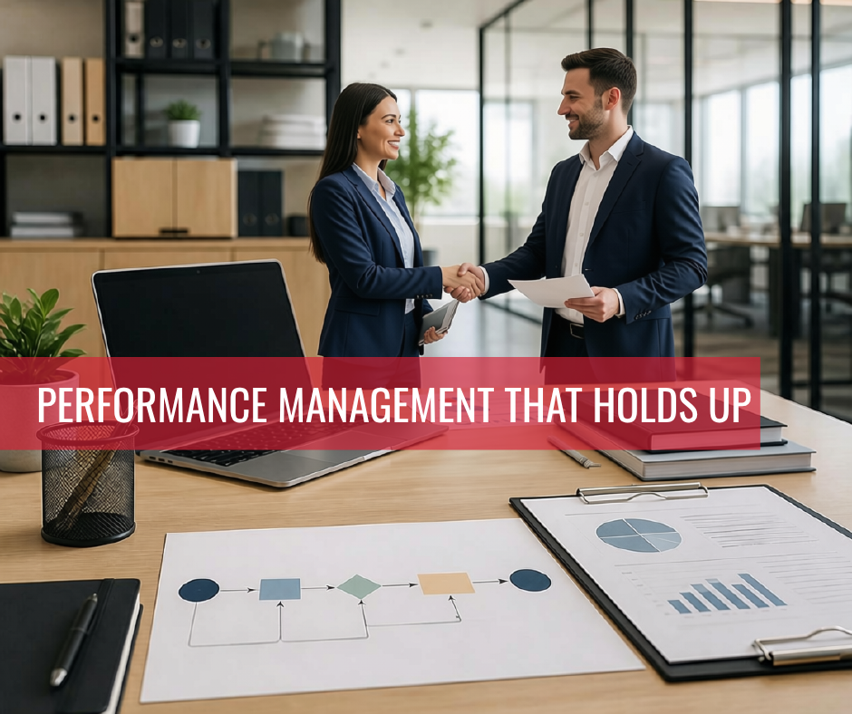 Featured image for “Performance Management That Holds Up” showing an office desk with a laptop, performance charts, workflow documents and reports.
