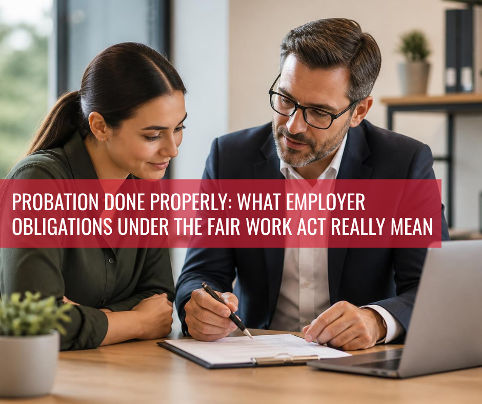 Featured image showing a manager reviewing probation documents with a new employee, representing probation management, performance discussions, and employer obligations under the Fair Work Act.