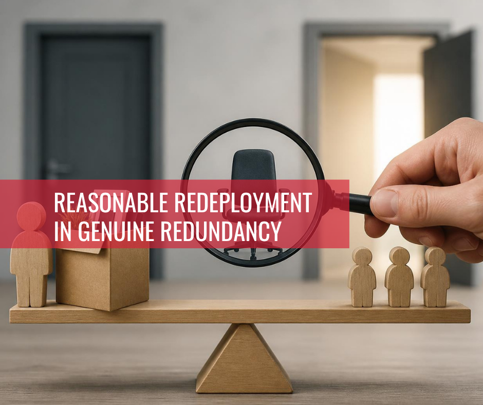 Featured image showing a balance scale with employee figures, a vacant office chair under a magnifying glass, and redundancy symbols, representing reasonable redeployment assessments during a genuine redundancy process.