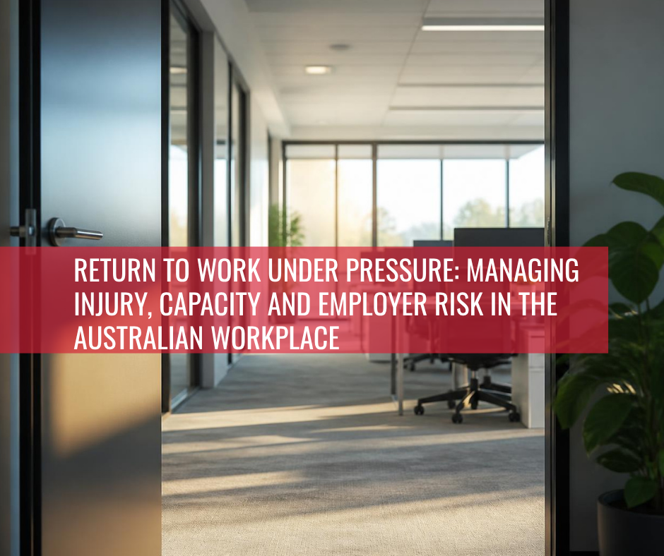 Featured image showing an open office doorway leading to a workplace, symbolising an employee's return to work, injury recovery, workplace reintegration, and employer responsibilities under Australian employment and WHS laws.