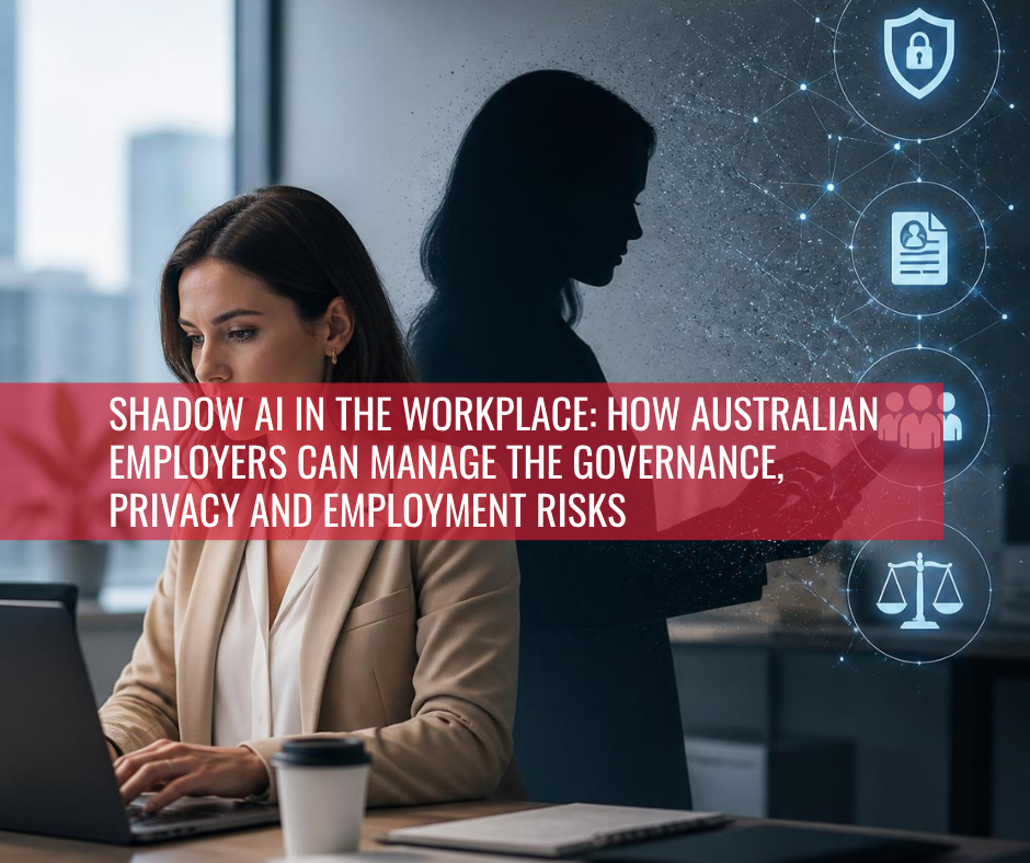 Professional working on a laptop with a shadow silhouette and digital security icons representing AI governance, privacy, and employment risks in the workplace.