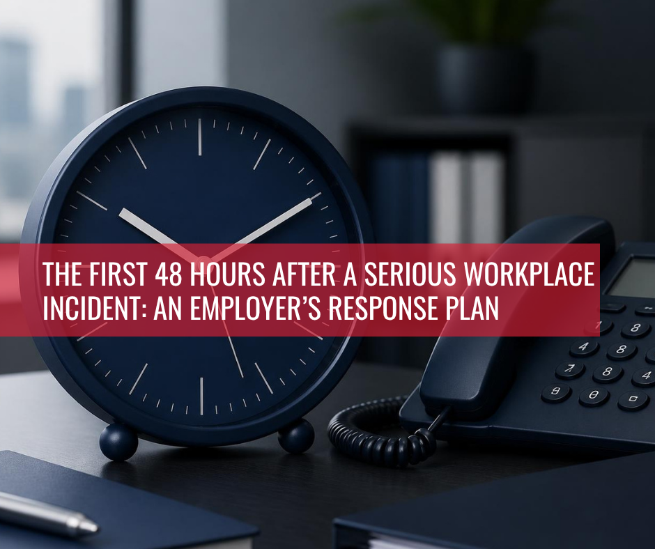 Featured image showing a clock and office telephone symbolising the critical first 48 hours after a serious workplace incident, highlighting the urgency of employer response, WHS compliance, and incident management.