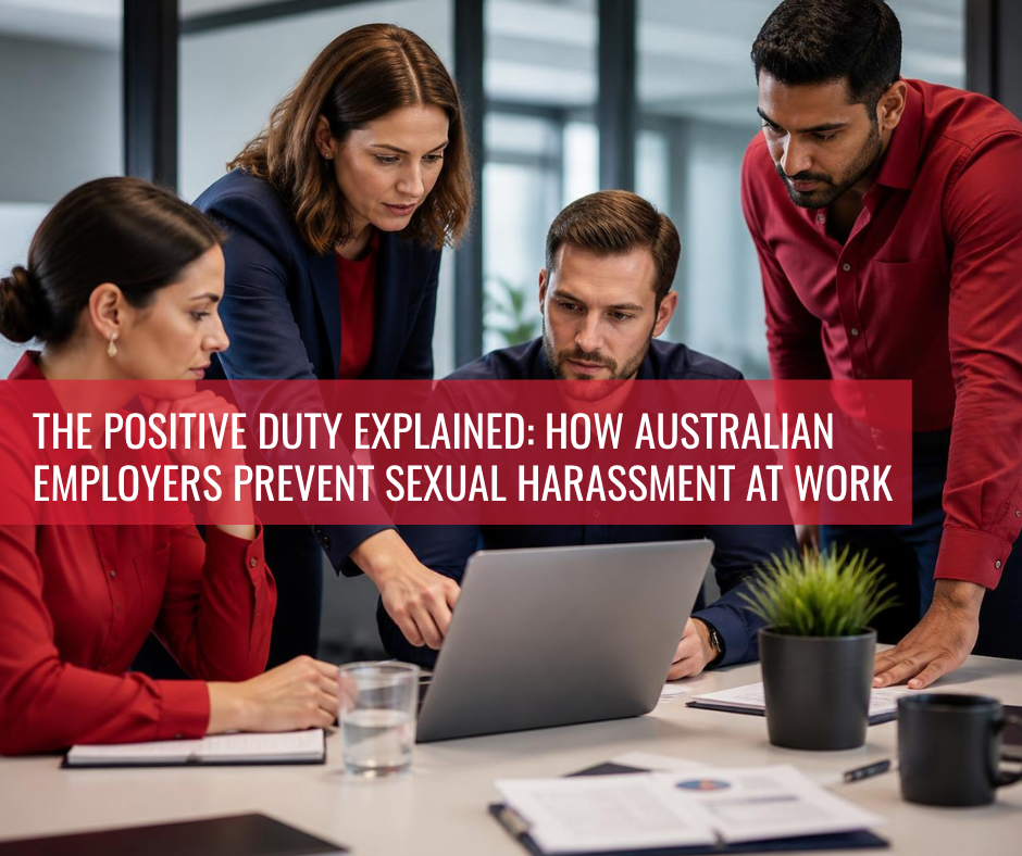 Featured image showing a diverse team of employees collaborating in a workplace meeting, representing employer leadership, workplace respect, and proactive prevention of sexual harassment under Australia's positive duty laws.