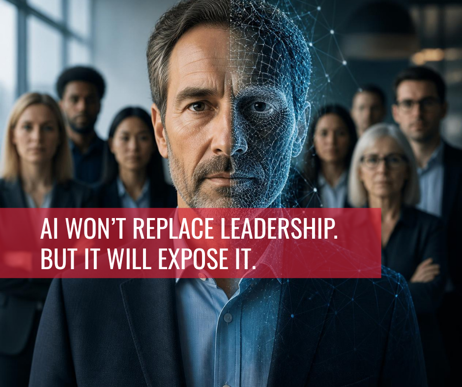 Business leader with half of his face represented by an AI digital network, with employees in the background, illustrating AI and leadership in the workplace.